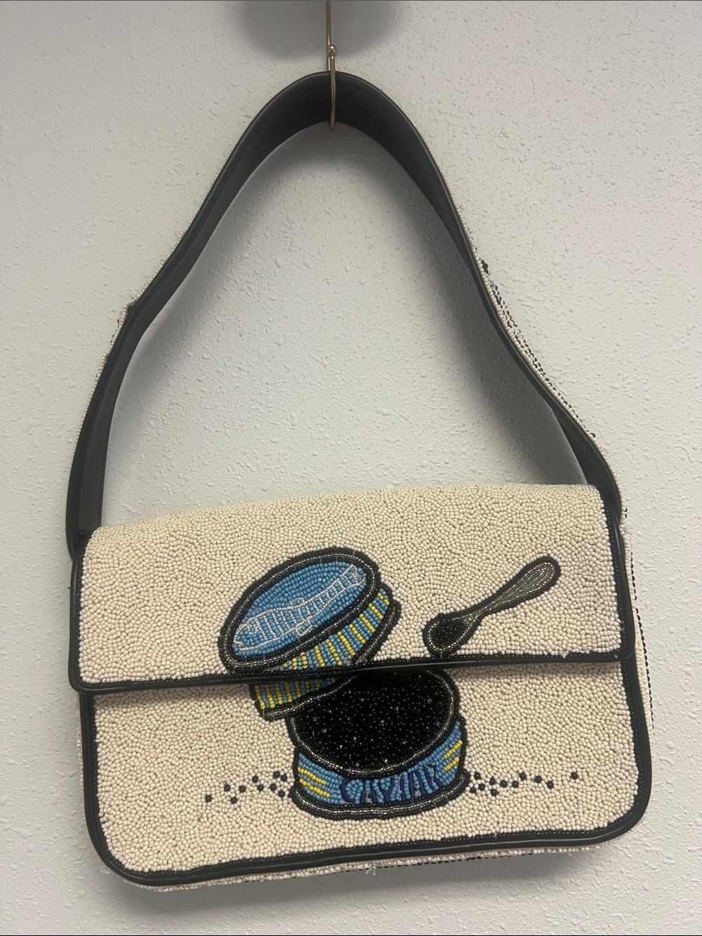 STAUD Cream Beaded Shoulder Bag with Blue and Black Motif